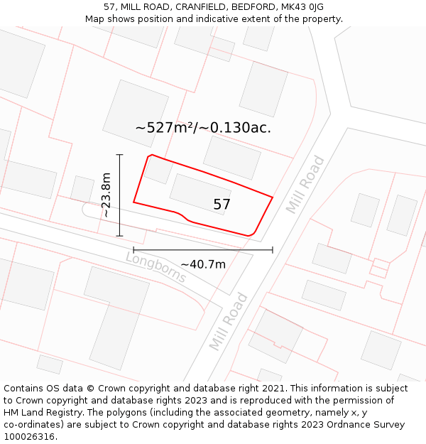 57, MILL ROAD, CRANFIELD, BEDFORD, MK43 0JG: Plot and title map