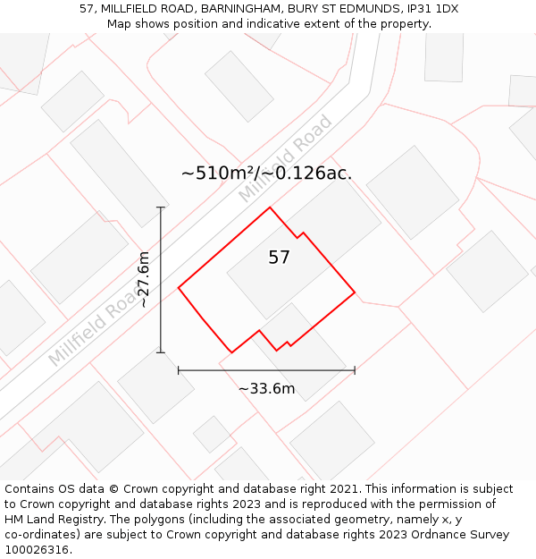 57, MILLFIELD ROAD, BARNINGHAM, BURY ST EDMUNDS, IP31 1DX: Plot and title map