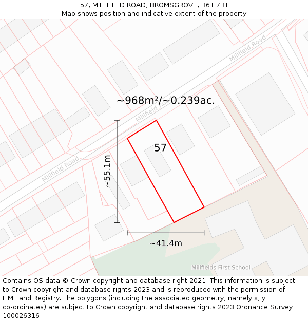 57, MILLFIELD ROAD, BROMSGROVE, B61 7BT: Plot and title map