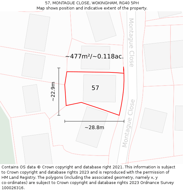 57, MONTAGUE CLOSE, WOKINGHAM, RG40 5PH: Plot and title map