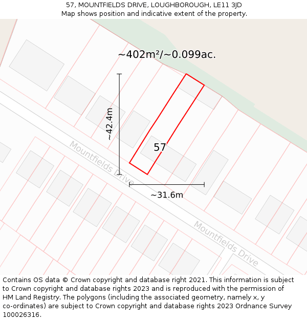 57, MOUNTFIELDS DRIVE, LOUGHBOROUGH, LE11 3JD: Plot and title map