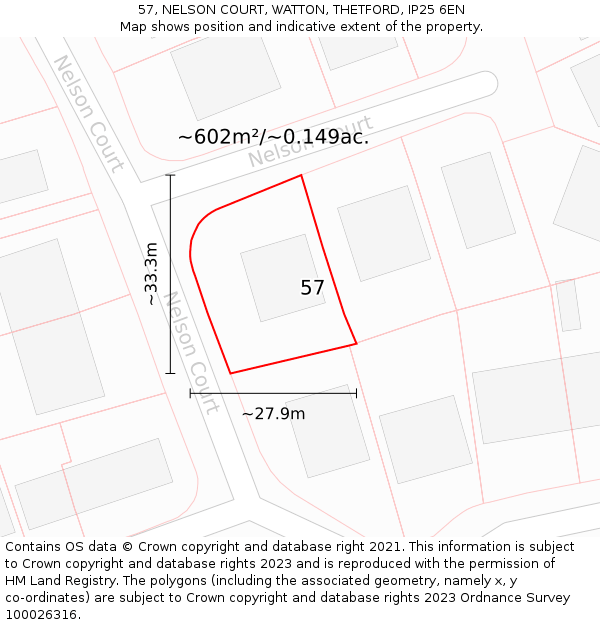 57, NELSON COURT, WATTON, THETFORD, IP25 6EN: Plot and title map