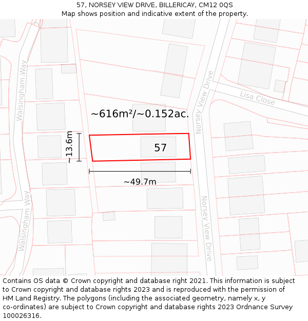 57, NORSEY VIEW DRIVE, BILLERICAY, CM12 0QS: Plot and title map