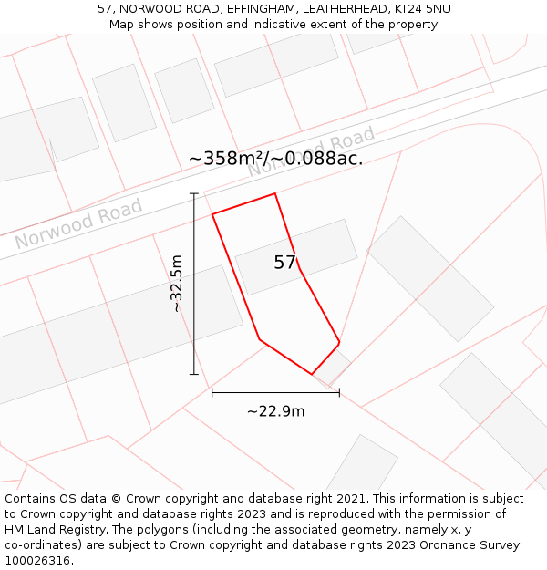 57, NORWOOD ROAD, EFFINGHAM, LEATHERHEAD, KT24 5NU: Plot and title map