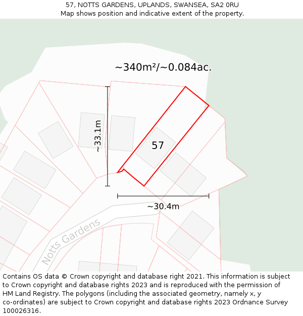 57, NOTTS GARDENS, UPLANDS, SWANSEA, SA2 0RU: Plot and title map