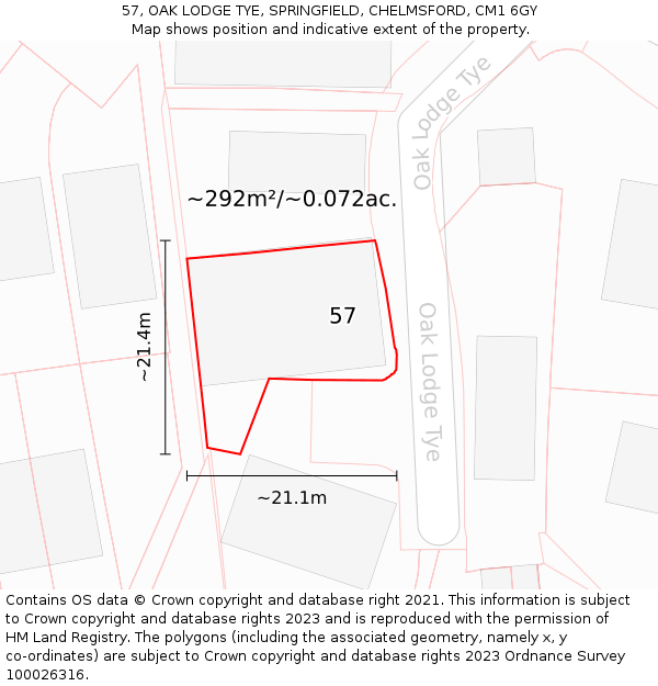 57, OAK LODGE TYE, SPRINGFIELD, CHELMSFORD, CM1 6GY: Plot and title map