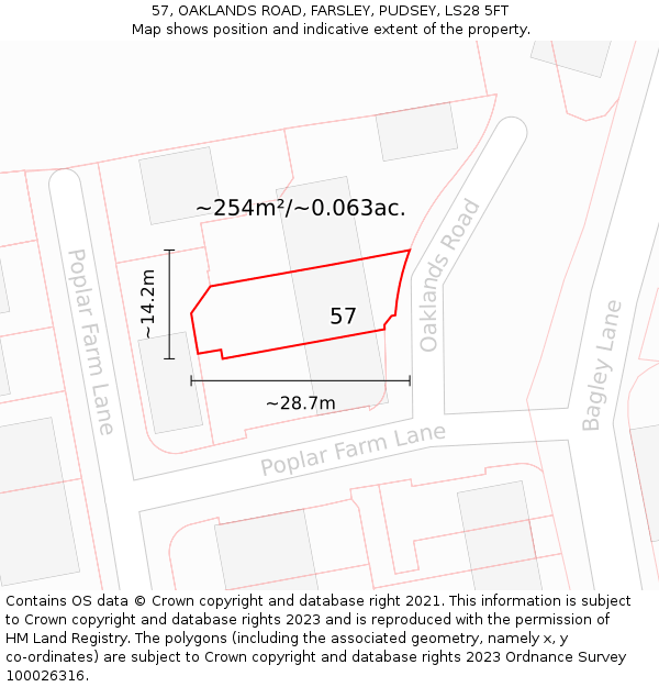57, OAKLANDS ROAD, FARSLEY, PUDSEY, LS28 5FT: Plot and title map