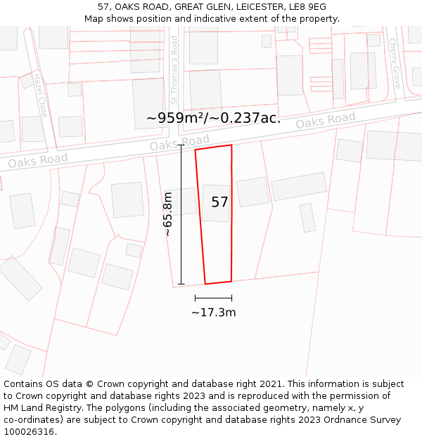 57, OAKS ROAD, GREAT GLEN, LEICESTER, LE8 9EG: Plot and title map