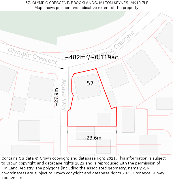 57, OLYMPIC CRESCENT, BROOKLANDS, MILTON KEYNES, MK10 7LE: Plot and title map