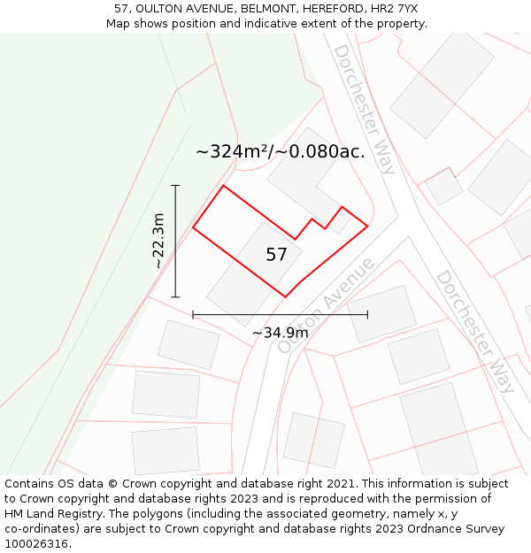 57, OULTON AVENUE, BELMONT, HEREFORD, HR2 7YX: Plot and title map