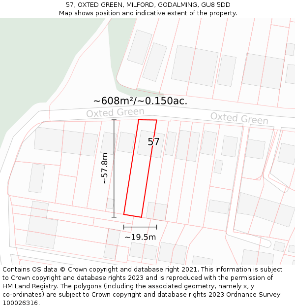 57, OXTED GREEN, MILFORD, GODALMING, GU8 5DD: Plot and title map