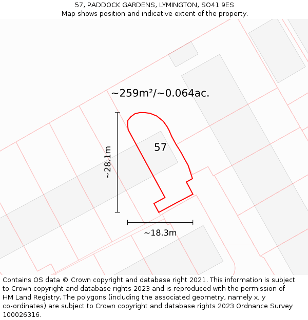57, PADDOCK GARDENS, LYMINGTON, SO41 9ES: Plot and title map