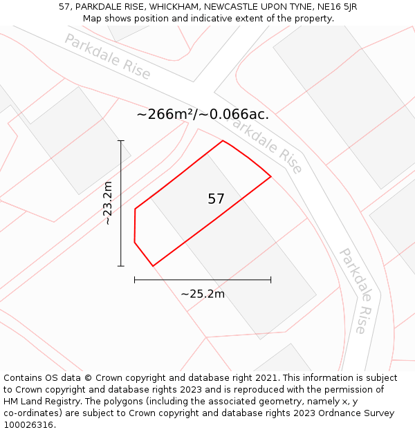 57, PARKDALE RISE, WHICKHAM, NEWCASTLE UPON TYNE, NE16 5JR: Plot and title map