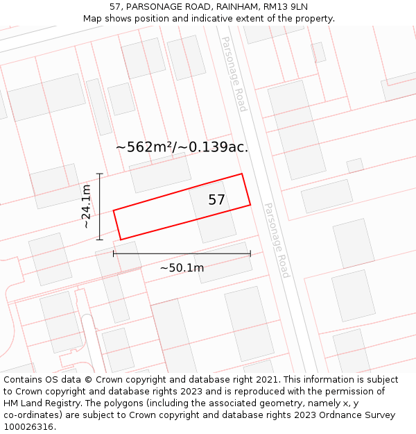 57, PARSONAGE ROAD, RAINHAM, RM13 9LN: Plot and title map