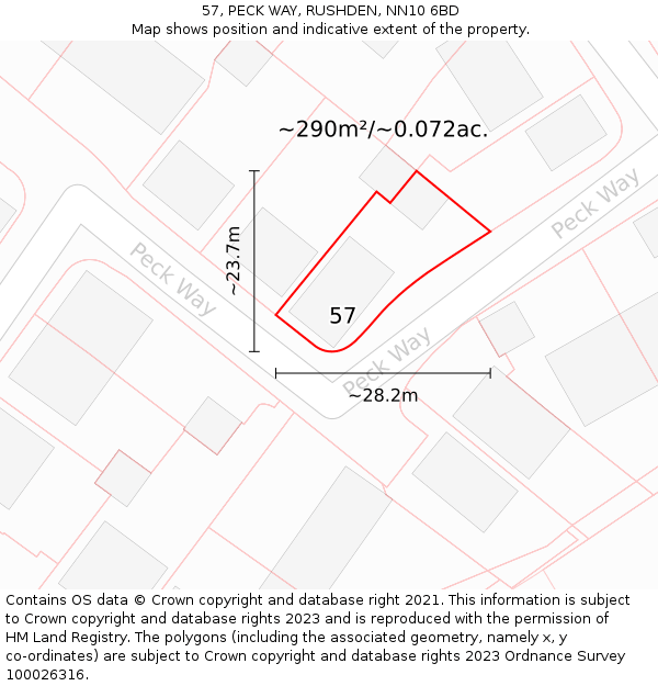 57, PECK WAY, RUSHDEN, NN10 6BD: Plot and title map
