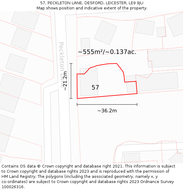 57, PECKLETON LANE, DESFORD, LEICESTER, LE9 9JU: Plot and title map