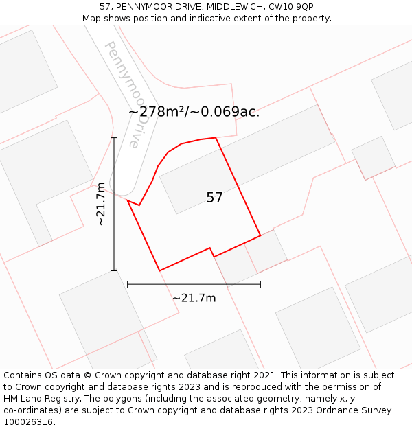 57, PENNYMOOR DRIVE, MIDDLEWICH, CW10 9QP: Plot and title map