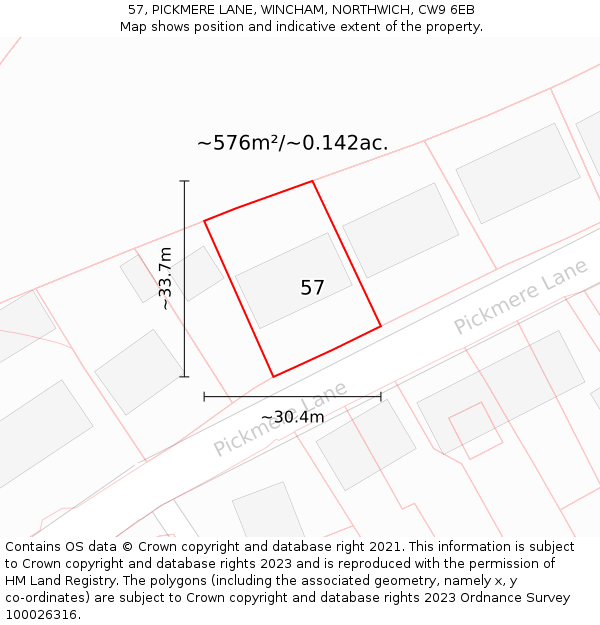 57, PICKMERE LANE, WINCHAM, NORTHWICH, CW9 6EB: Plot and title map