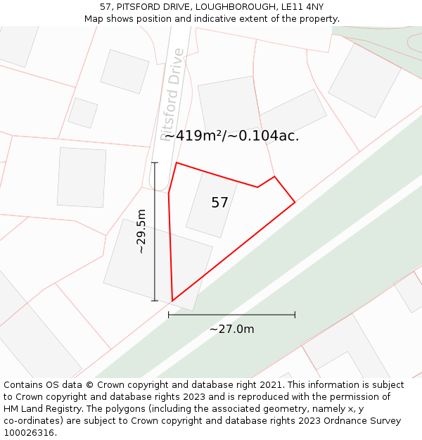 57, PITSFORD DRIVE, LOUGHBOROUGH, LE11 4NY: Plot and title map