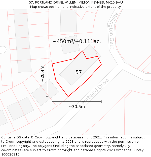 57, PORTLAND DRIVE, WILLEN, MILTON KEYNES, MK15 9HU: Plot and title map