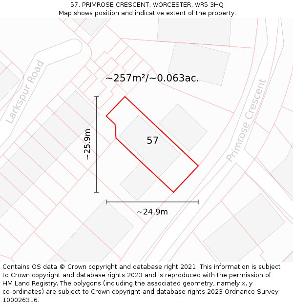 57, PRIMROSE CRESCENT, WORCESTER, WR5 3HQ: Plot and title map