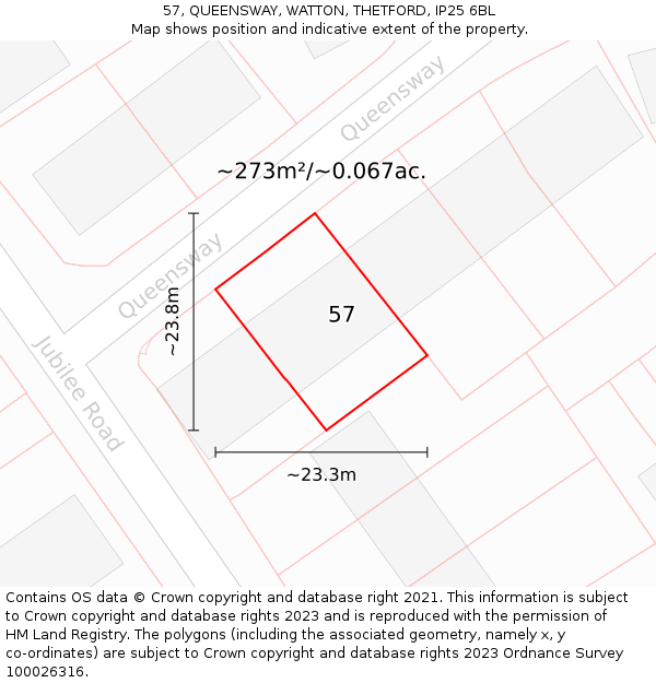 57, QUEENSWAY, WATTON, THETFORD, IP25 6BL: Plot and title map