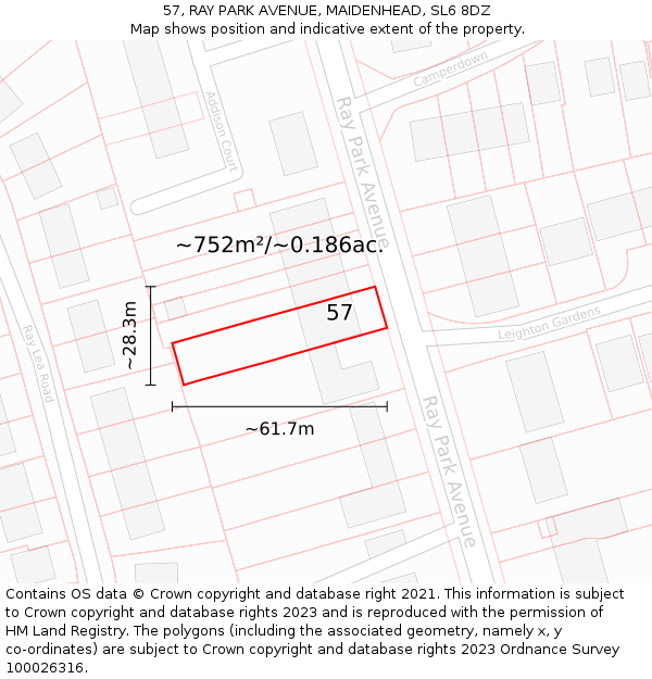57, RAY PARK AVENUE, MAIDENHEAD, SL6 8DZ: Plot and title map