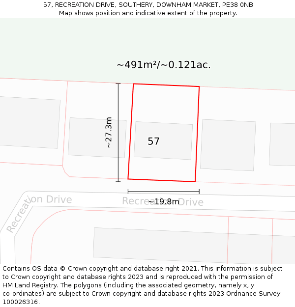57, RECREATION DRIVE, SOUTHERY, DOWNHAM MARKET, PE38 0NB: Plot and title map