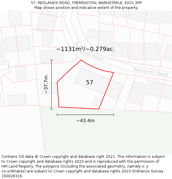 57, REDLANDS ROAD, FREMINGTON, BARNSTAPLE, EX31 2PP: Plot and title map