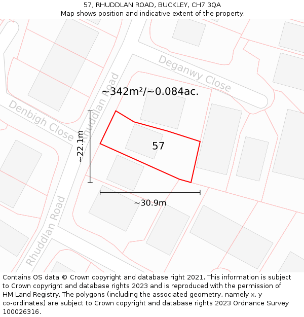 57, RHUDDLAN ROAD, BUCKLEY, CH7 3QA: Plot and title map