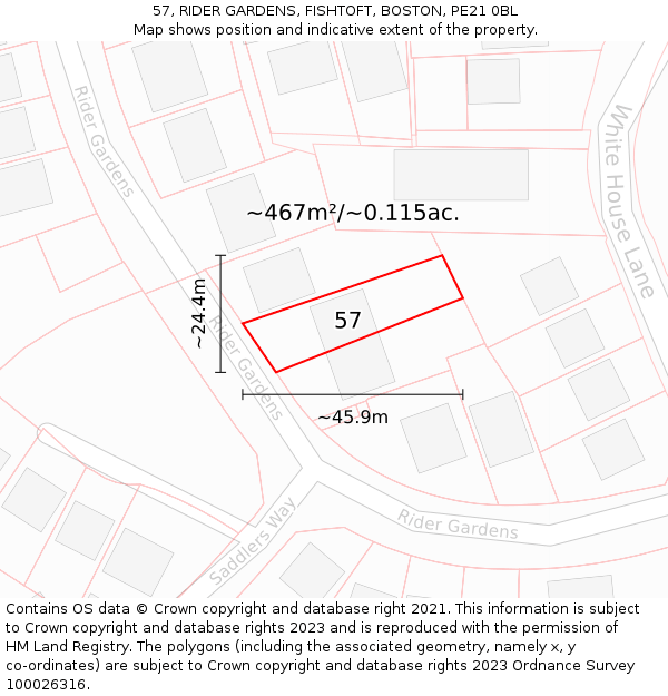 57, RIDER GARDENS, FISHTOFT, BOSTON, PE21 0BL: Plot and title map