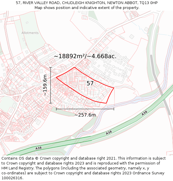 57, RIVER VALLEY ROAD, CHUDLEIGH KNIGHTON, NEWTON ABBOT, TQ13 0HP: Plot and title map