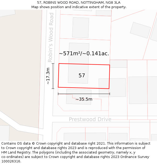 57, ROBINS WOOD ROAD, NOTTINGHAM, NG8 3LA: Plot and title map