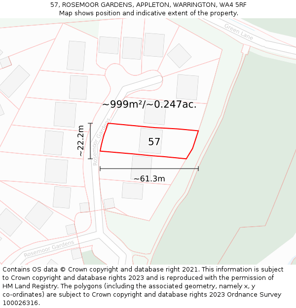57, ROSEMOOR GARDENS, APPLETON, WARRINGTON, WA4 5RF: Plot and title map