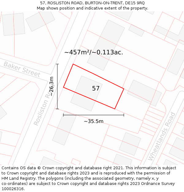 57, ROSLISTON ROAD, BURTON-ON-TRENT, DE15 9RQ: Plot and title map