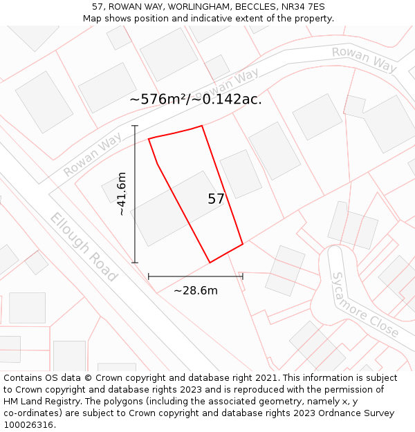 57, ROWAN WAY, WORLINGHAM, BECCLES, NR34 7ES: Plot and title map