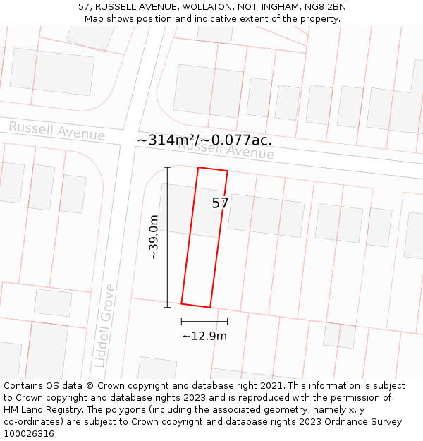57, RUSSELL AVENUE, WOLLATON, NOTTINGHAM, NG8 2BN: Plot and title map