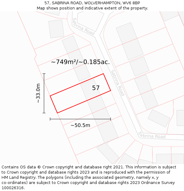 57, SABRINA ROAD, WOLVERHAMPTON, WV6 8BP: Plot and title map