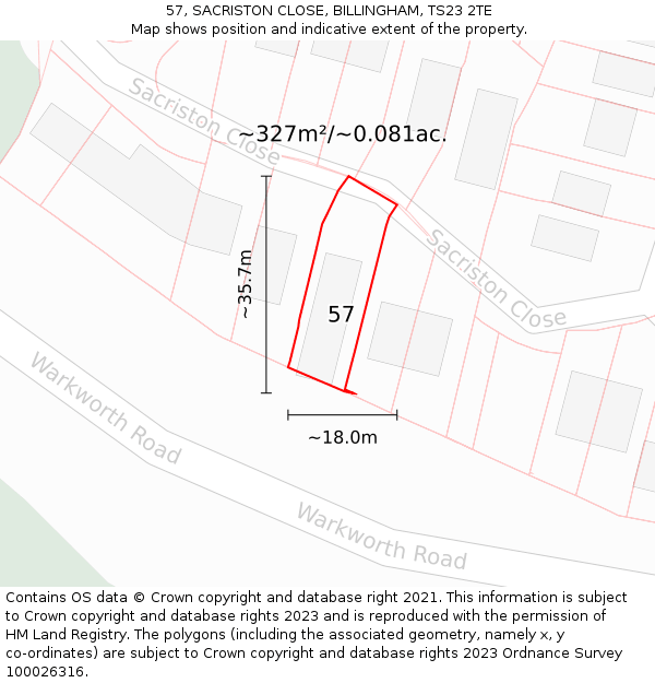 57, SACRISTON CLOSE, BILLINGHAM, TS23 2TE: Plot and title map