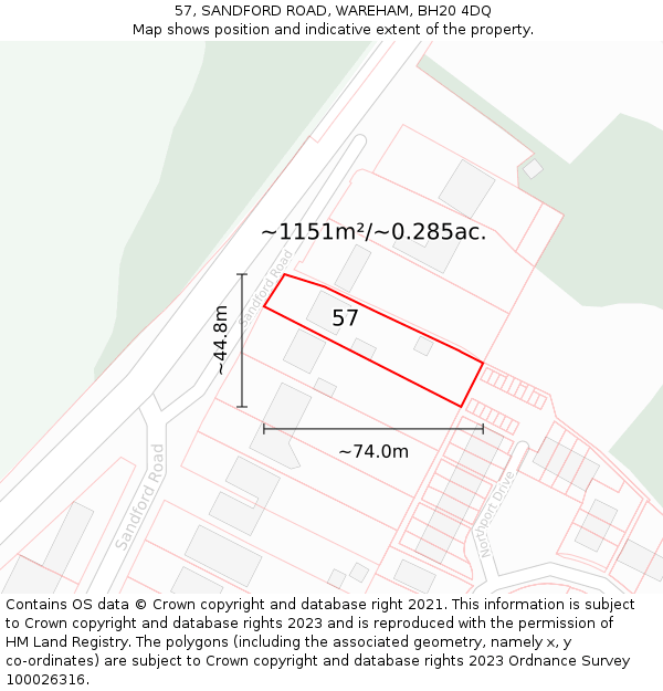 57, SANDFORD ROAD, WAREHAM, BH20 4DQ: Plot and title map