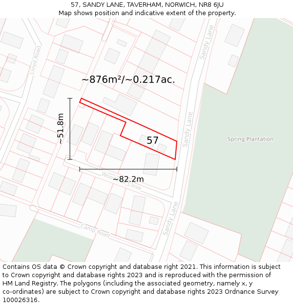 57, SANDY LANE, TAVERHAM, NORWICH, NR8 6JU: Plot and title map