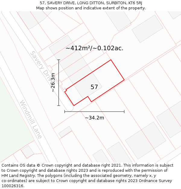 57, SAVERY DRIVE, LONG DITTON, SURBITON, KT6 5RJ: Plot and title map