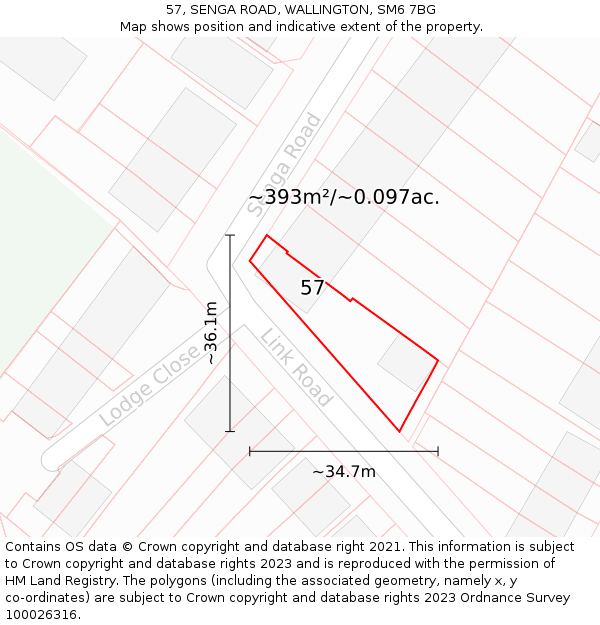 57, SENGA ROAD, WALLINGTON, SM6 7BG: Plot and title map