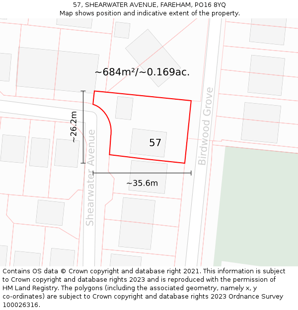 57, SHEARWATER AVENUE, FAREHAM, PO16 8YQ: Plot and title map
