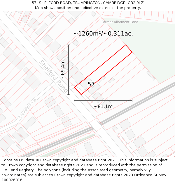 57, SHELFORD ROAD, TRUMPINGTON, CAMBRIDGE, CB2 9LZ: Plot and title map