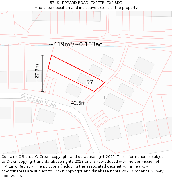 57, SHEPPARD ROAD, EXETER, EX4 5DD: Plot and title map
