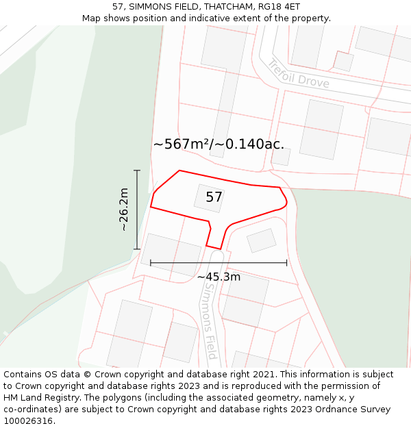 57, SIMMONS FIELD, THATCHAM, RG18 4ET: Plot and title map