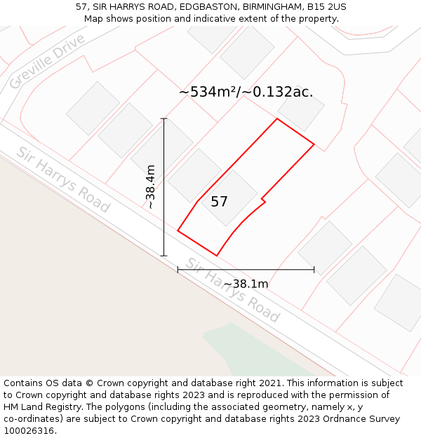 57, SIR HARRYS ROAD, EDGBASTON, BIRMINGHAM, B15 2US: Plot and title map