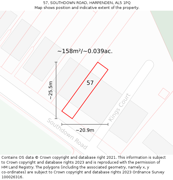 57, SOUTHDOWN ROAD, HARPENDEN, AL5 1PQ: Plot and title map