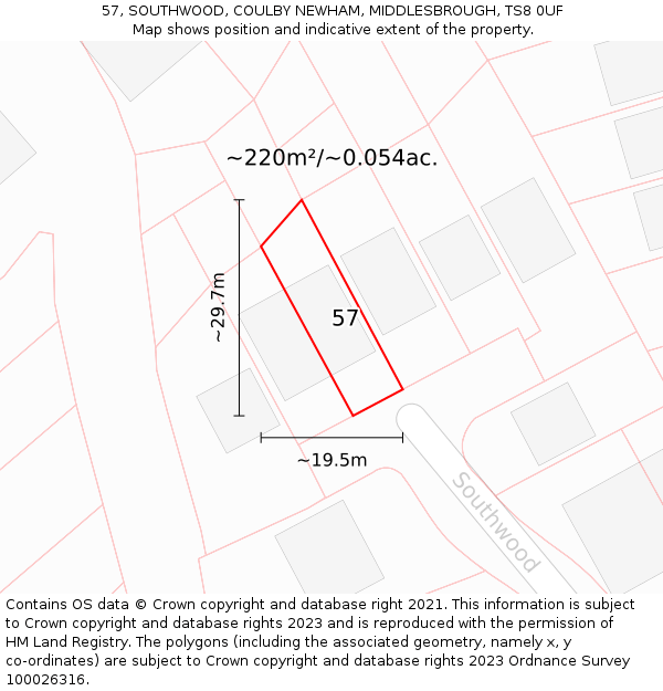 57, SOUTHWOOD, COULBY NEWHAM, MIDDLESBROUGH, TS8 0UF: Plot and title map